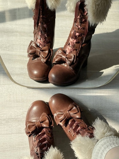 Bow Accents Boots - Mid-Calf Elegant Lolita Brown
