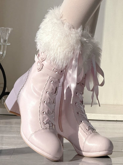 PU Bow Opening with Lolita System Sakura Ornate Boots Plush Pink Triple Boot in Mid-heel Fastening Elegant