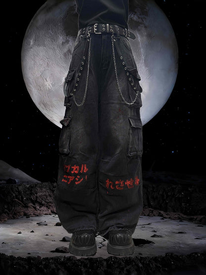 Rock Print Cargo Style Dark with Gray - Wide-Leg Graphic Y2K Jeans Punk Red