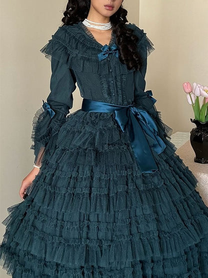 Sleeves Green Lolita - Skirt Blouse Dotted Cotton Tulle + Belt Set Bell Mesh Multi-layered Vest Elegant Dark Waist Classic