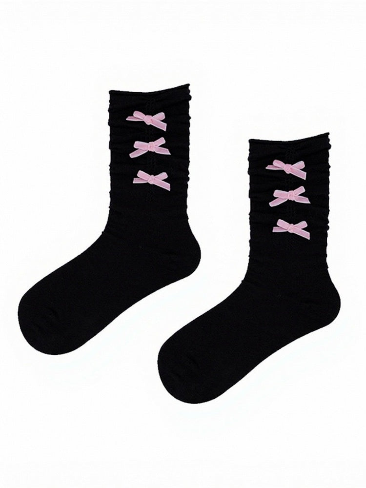Two-Color Ankle Socks with Pink Bow Decoration - ModaSwings
