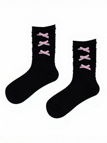 Two-Color Ankle Socks with Pink Bow Decoration - ModaSwings
