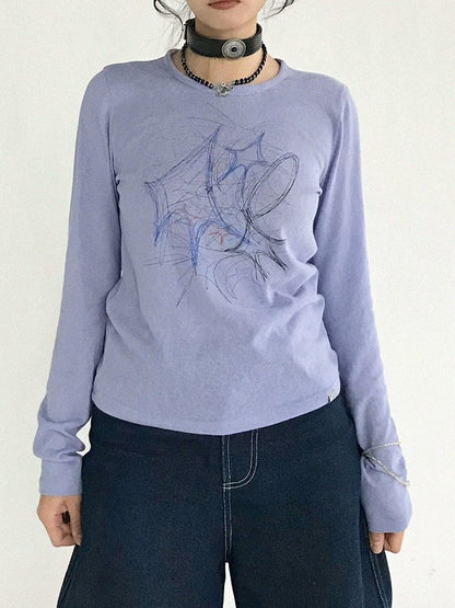 Sleeve Print Neck Top Graffiti Version with Long Design Round Y2K Purple
