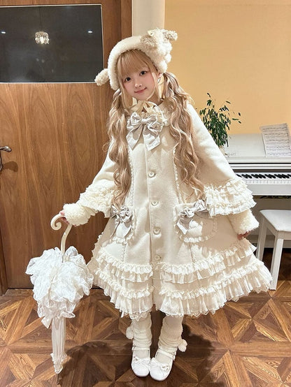 Ruffled Accents Lace Bow Details Sweet and Winter Lolita Coat Beige with