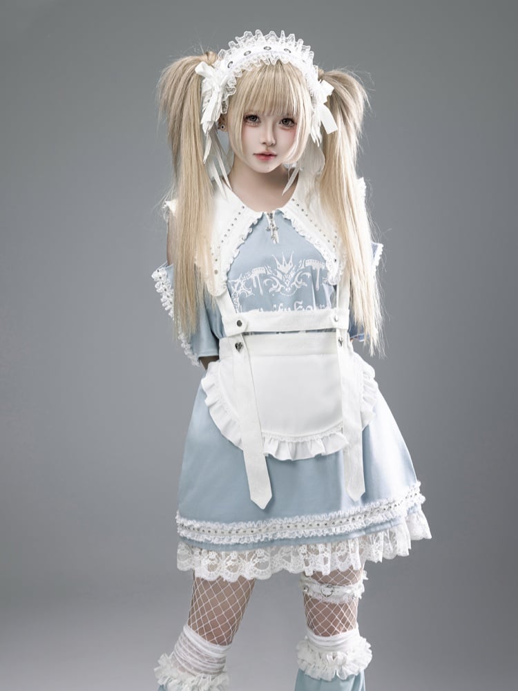 エプロンショルダーストラップ ホワイト セルフタイリボン バックフリルトリム 調節可能