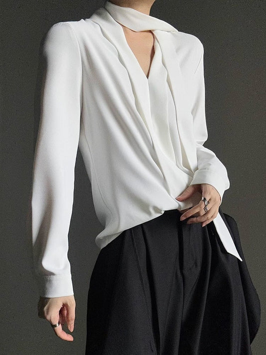 Prince White Charm V-Neck Chain Blouse + Cravat Button Cuffs Scarf Brooch with and