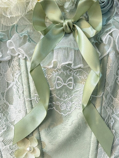 Elegant Green Oil Painting Print Lolita Jumper Skirt Dress with Bustier-Style Boned Bodice - Haw Berry