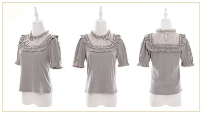 Jirai Kei Gray Blouse with Bowknot and Bead Decor, Illusion Neckline, Free Armwear - Fluffy Heart
