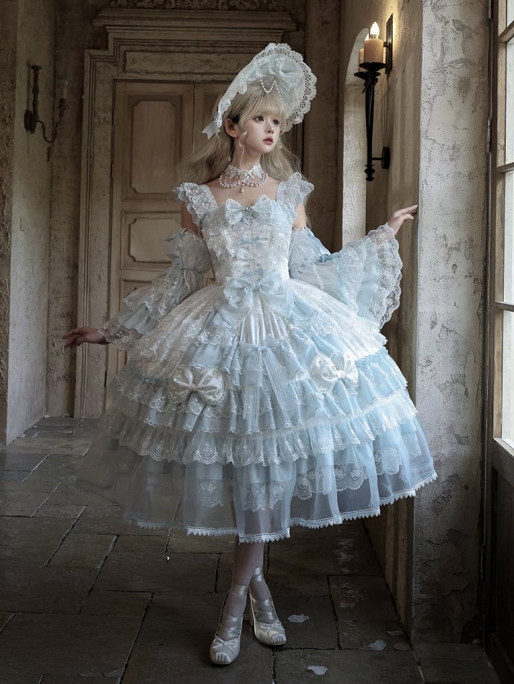Sleeves Light Flutter Dress with Layered Blue Lace Lolita Princess