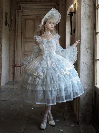 Sleeves Light Flutter Dress with Layered Blue Lace Lolita Princess