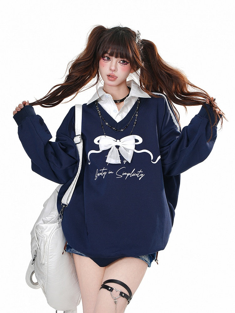 Marineblaues zweiteiliges Sweatshirt mit Polokragen und abnehmbarer Schleife