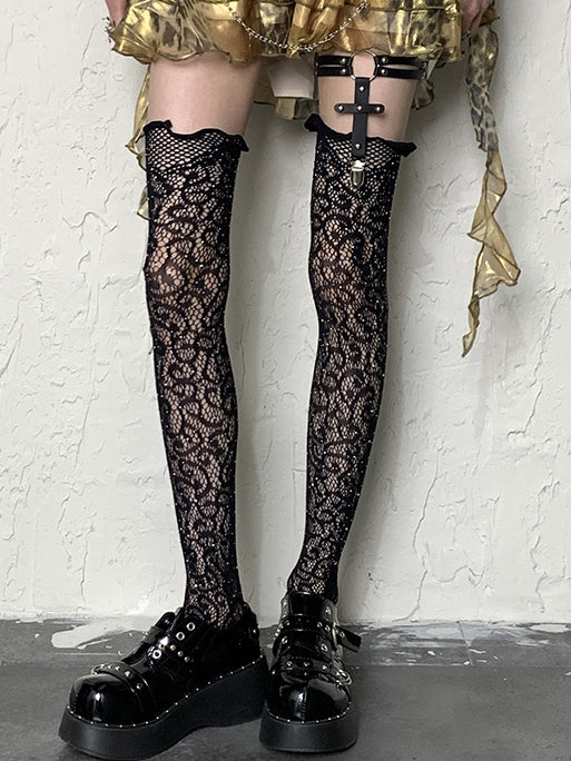 Muster Y2K Strümpfe Overknee Strass Floral Schwarz