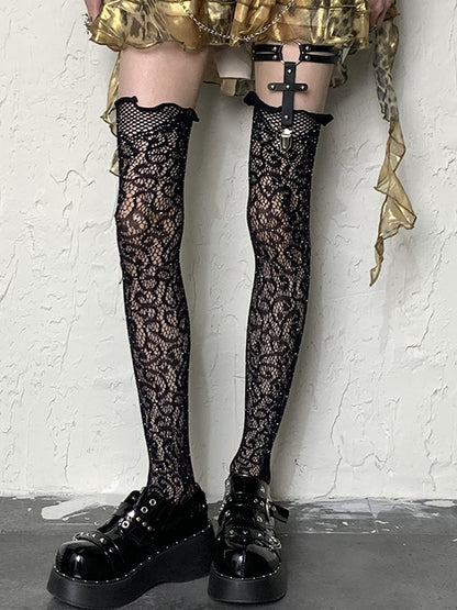 Muster Y2K Strümpfe Overknee Strass Floral Schwarz