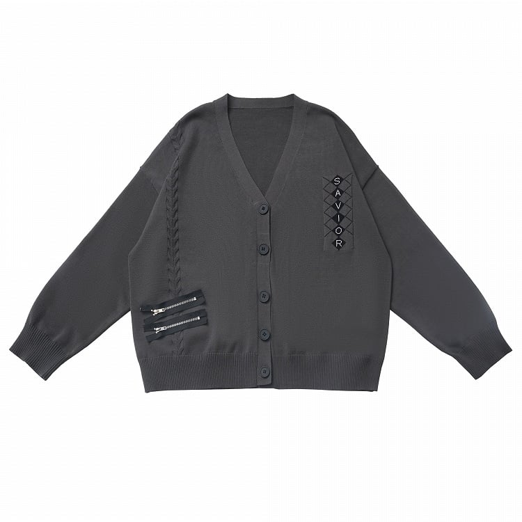 グレーのVネック、ジッパーディテール、春ニットカーディガン