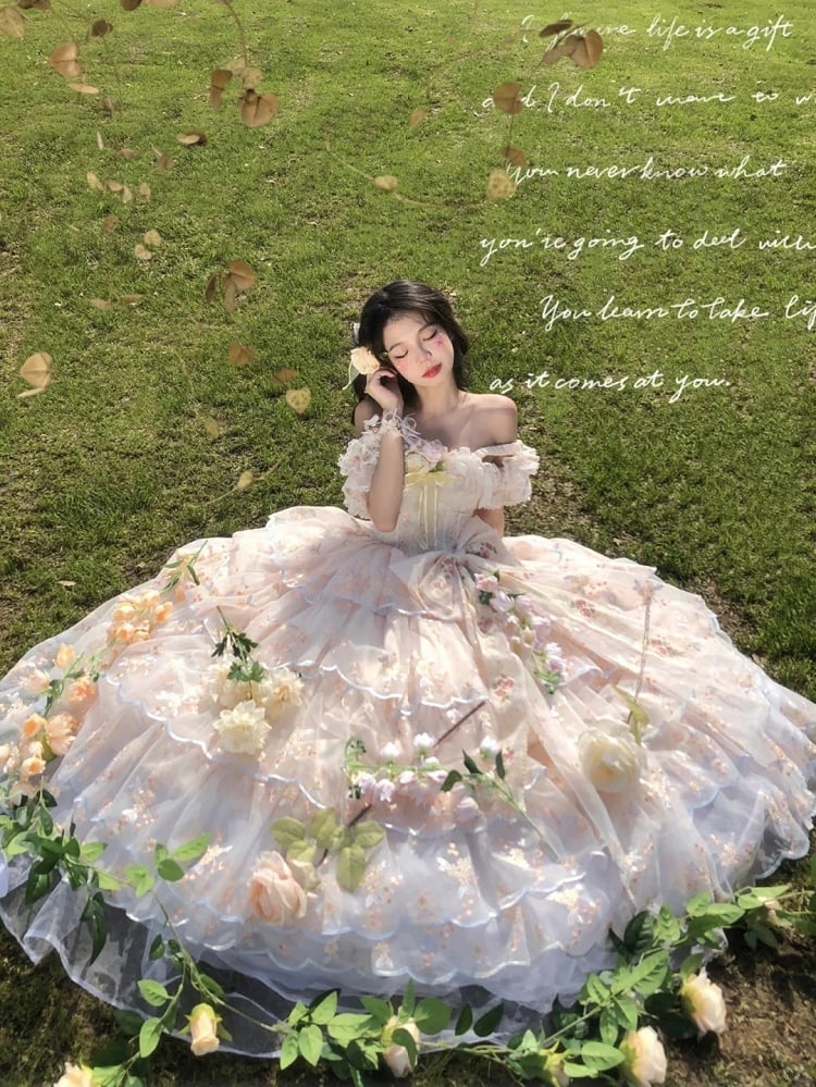 Wrist Full Painting-Inspired Apricot Lolita Skirt + Set Short Elegant Embroidered Cuffs Hanayome JSK - Oil Extension Large Floral Dress White Bow Brooch