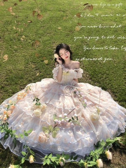 Wrist Full Painting-Inspired Apricot Lolita Skirt + Set Short Elegant Embroidered Cuffs Hanayome JSK - Oil Extension Large Floral Dress White Bow Brooch