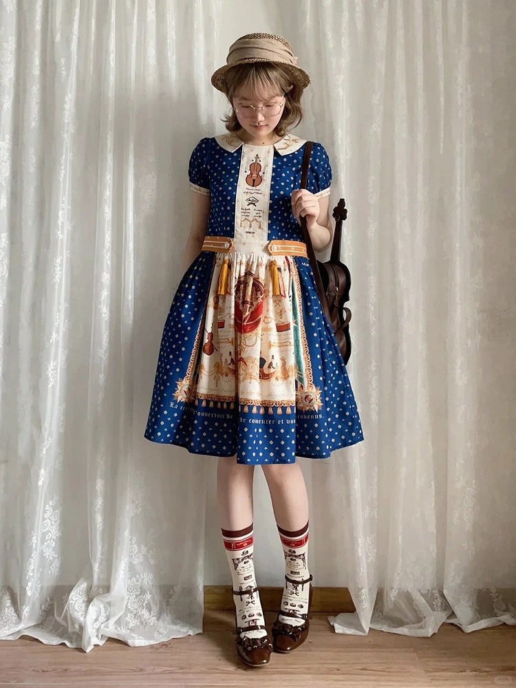 Short Dark Blue Musical Print Peter Pan Collar OP Dress with Tassels - Crucis Universal Tailor Company