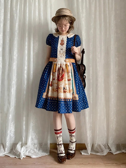 Short Dark Blue Musical Print Peter Pan Collar OP Dress with Tassels - Crucis Universal Tailor Company