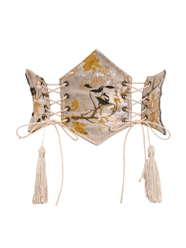 Gelber Chinoiserie-Korsettgürtel mit Schnürquasten