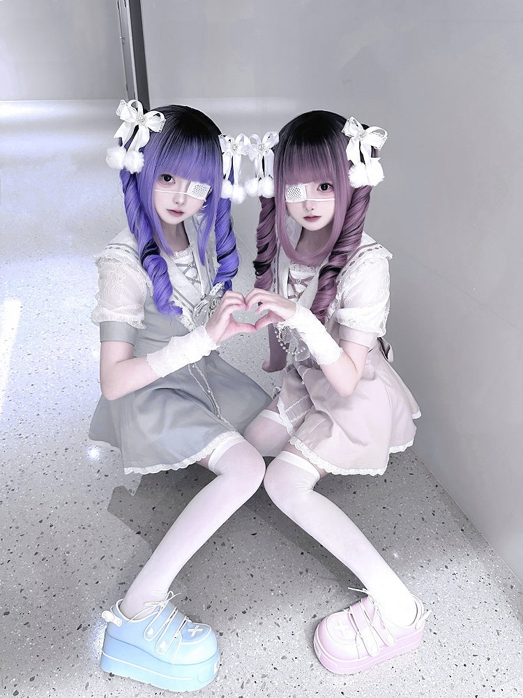 Set aus rosa/hellblauen Shorts mit Schleife hinten, Matrosenkragen, selbstbindendem Minikleid + gerüschtem hellem Saum, Jirai Kei