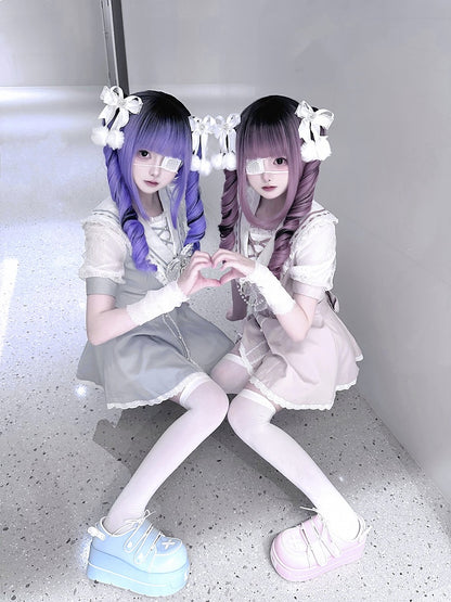 Set aus rosa/hellblauen Shorts mit Schleife hinten, Matrosenkragen, selbstbindendem Minikleid + gerüschtem hellem Saum, Jirai Kei