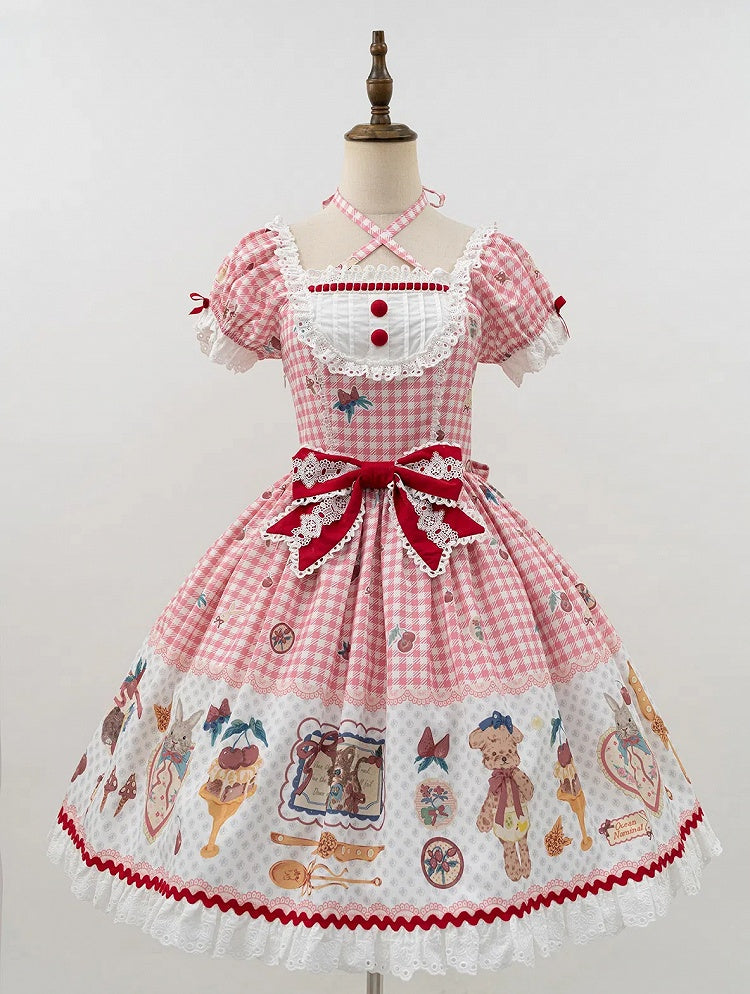Dress Sweet Lolita and Teddy Cherry Dessert Gingham Pink Print