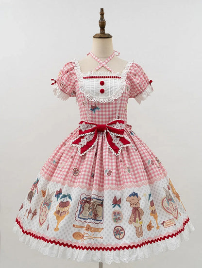 Dress Sweet Lolita and Teddy Cherry Dessert Gingham Pink Print