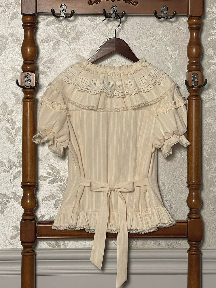 Short Sleeves Ruffle Beige Neckline Blouse Puff