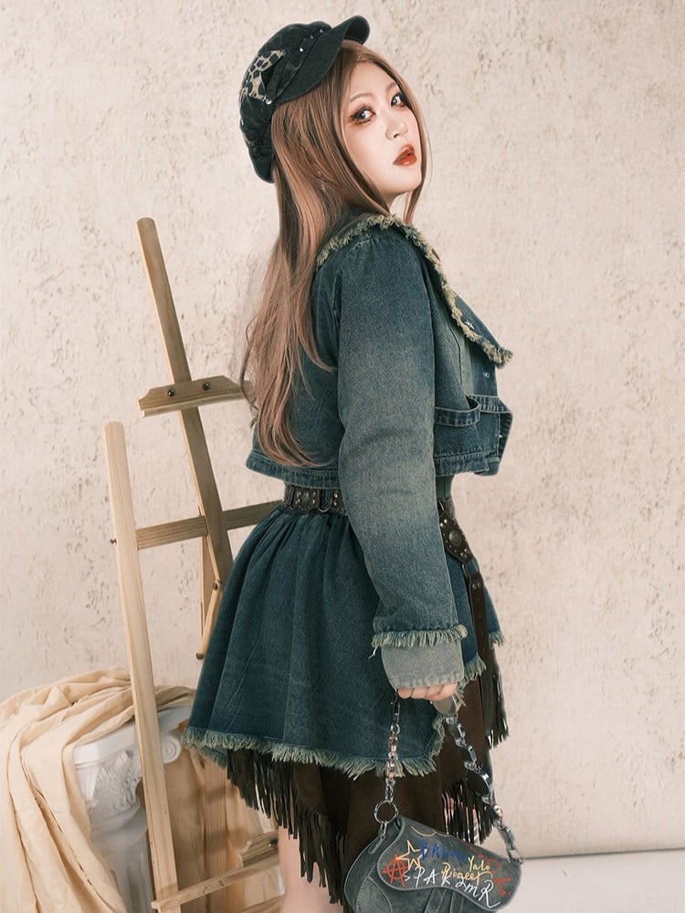 Size Jacket with Y2K Punk Hem Wasteland Plus Denim Gray-Blue Raw Crop