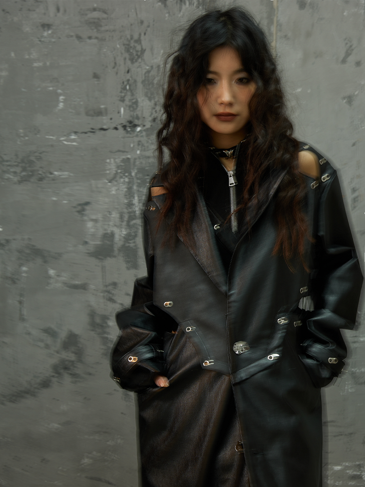 Punk Coat - Design Cuffs Long Buckle Patchwork PU Cutout