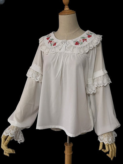 Detailing Embroidery Lolita White Strawberry and Blouse Lace with