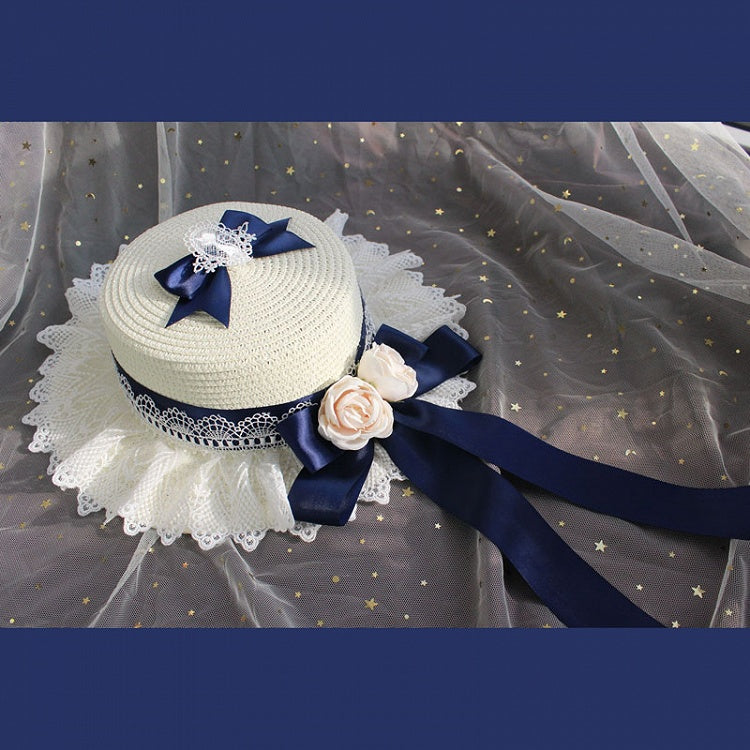 Accents and Lolita Ruffled Straw Flower Lace Options – 9 Hat with Bow Color