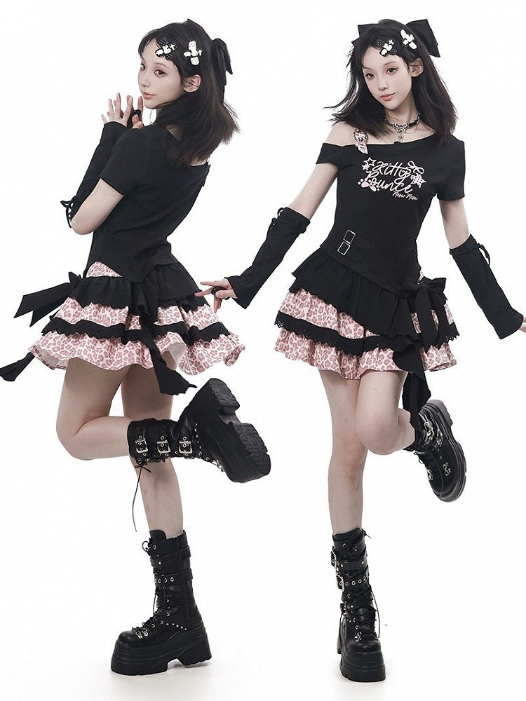 Leopard Print Tiered Skirt with Bow in Pink and Black - PINK SAVIOR