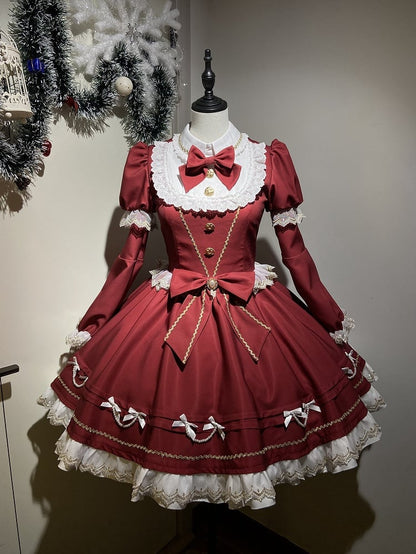 New Dress / Hem with Red Christmas Year Sleeves Lolita Pearl-Chain Bow Accents Long