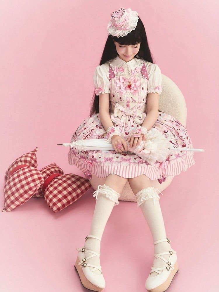 Cream Sweet Lolita Halter Neck JSK Dress with Cosmetics and Cat Print - Pastry Chef