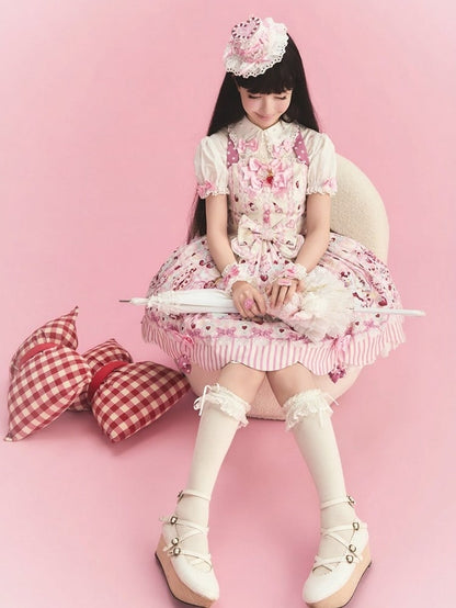 Cream Sweet Lolita Halter Neck JSK Dress with Cosmetics and Cat Print - Pastry Chef