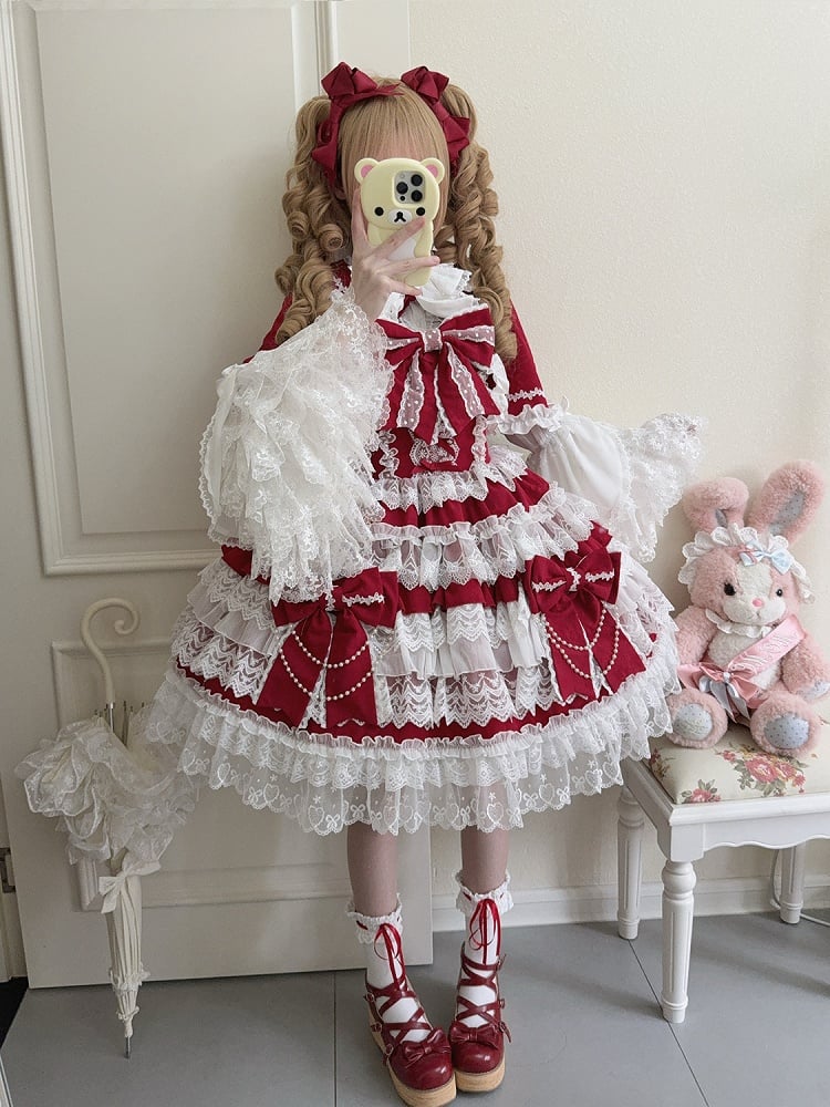 Lolita Red Decoration Hanayome Dress Bows Tiered Skirt Big