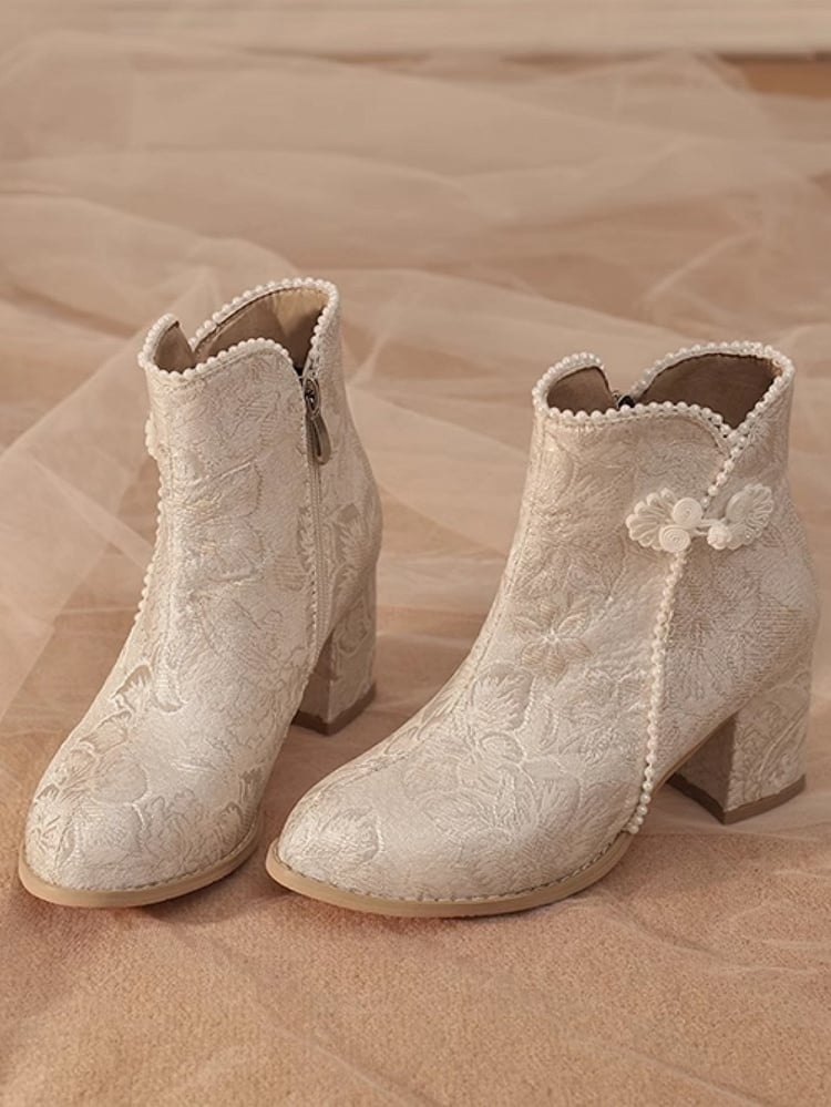 Qi Embellishments Regular/Thicken Version Boots Frog Lolita Accent Beige Button Satin Beads Floral -