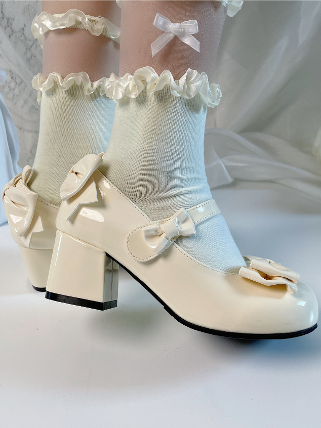 Apricot Bow Round Toe 5.5CM Block Heel Lolita Shoes