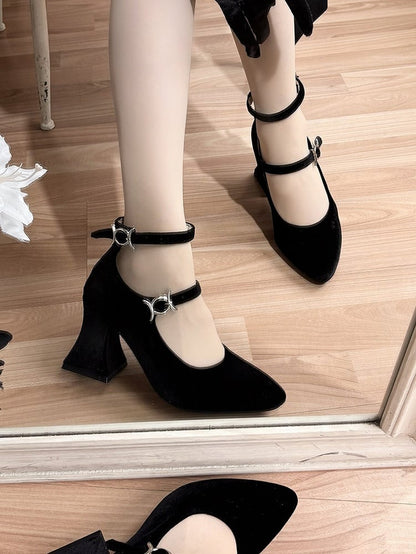 Thorn Black Embellished with Toe Fasteners Pointed Mary High-heel Elegant Janes Snap Lolita
