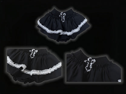 Y2K ブラッククロスアップリケ レースアクセント パンク ティアード ミニスカート