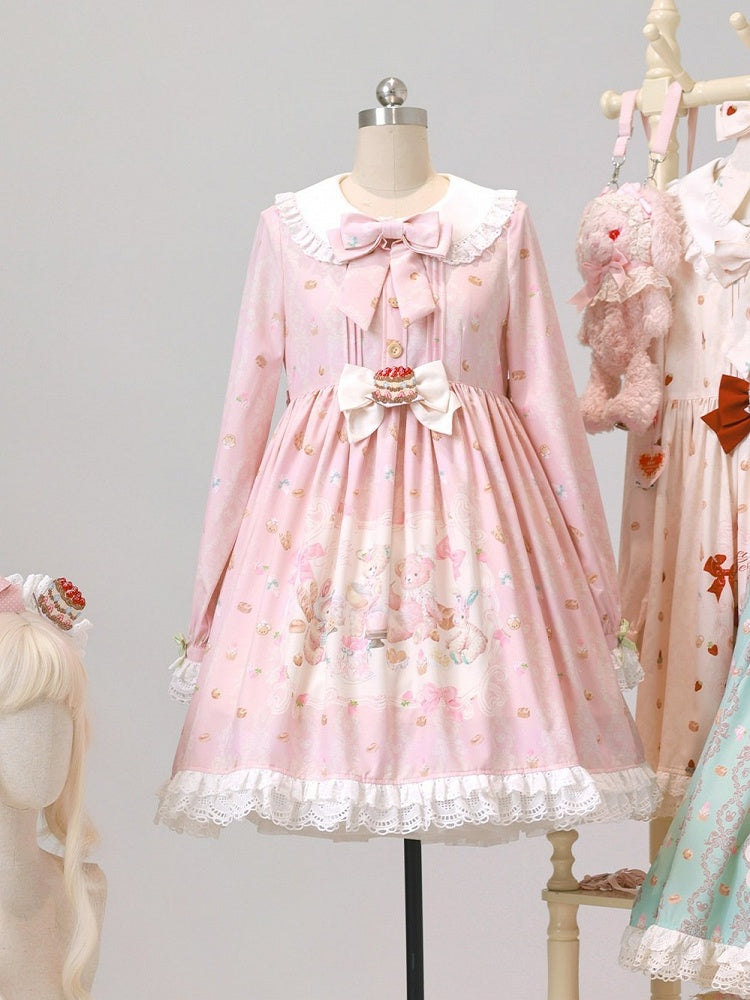 Pink Peter Pan Collar Bear & Cake Print Long-Sleeve OP Dress - Honey Village