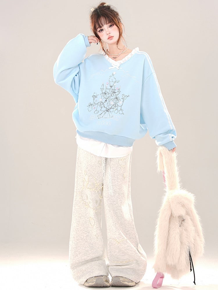 Grey/Blue Lampstand Print Ruffle Trim V-neck Sweatshirt