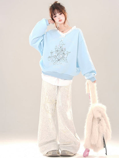 Grey/Blue Lampstand Print Ruffle Trim V-neck Sweatshirt