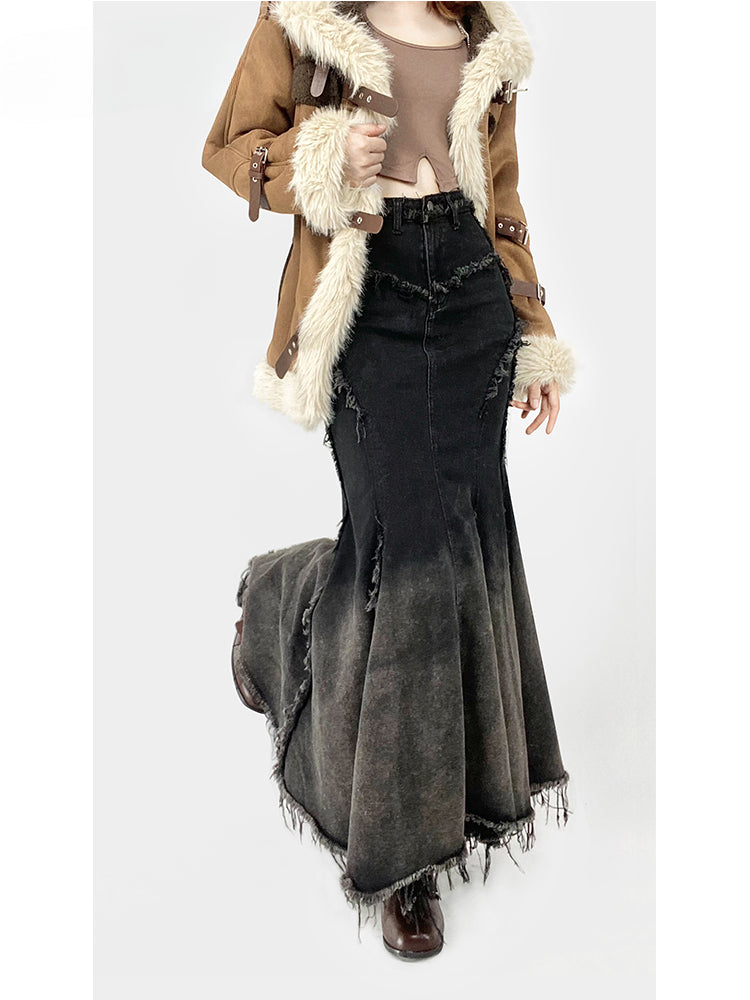 Millard Fashion – Denim-Meerjungfrauenrock mit Farbverlauf und Distressed-Besatz in Schwarz