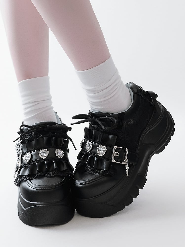 Rhinestone at Heart Ruffles Back Kei Closure Platforms Black Decor Trim Crystal Jirai - with Lace-up