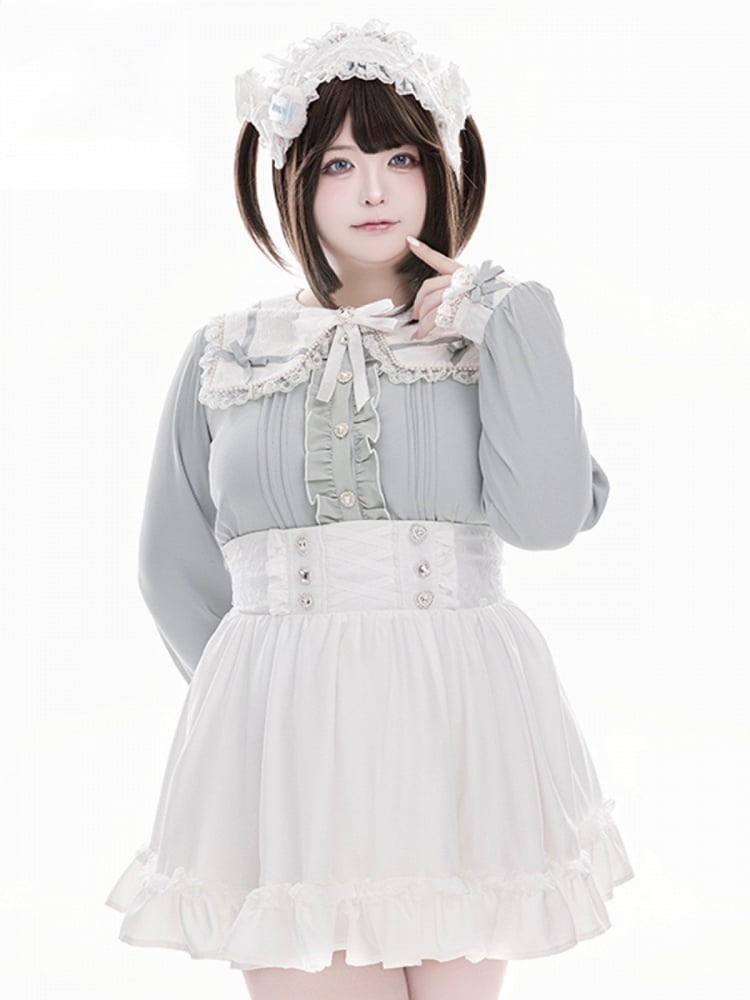 Blouse Blue Jirai Kei and Buttons Long Lace Heart Collar Square Light with Sleeve Inspired Beaded