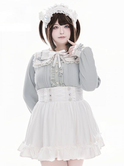 Blouse Blue Jirai Kei and Buttons Long Lace Heart Collar Square Light with Sleeve Inspired Beaded