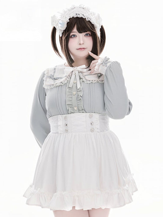 Blouse Blue Jirai Kei and Buttons Long Lace Heart Collar Square Light with Sleeve Inspired Beaded