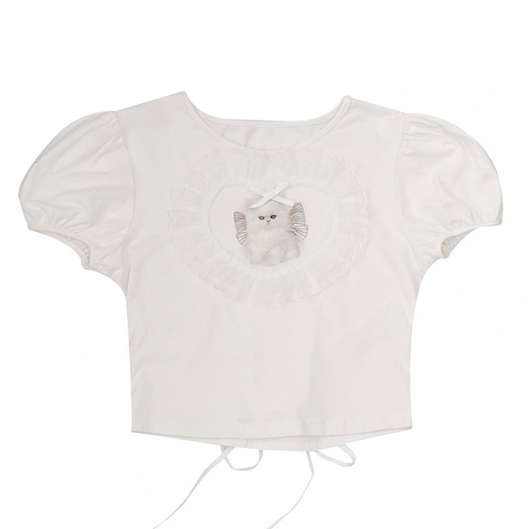 White Cropped Tee with Sweetheart Applique  Cat Print